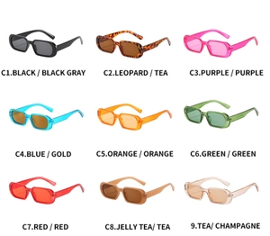Grid view of rectangular sunglasses in nine jelly colors and trendy leopard patterns