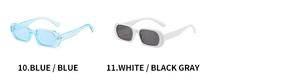 Detail of retro small rectangle sunglasses in transparent blue and classic white frames