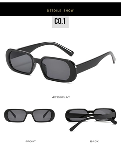 Three-way view of retro small oval sunglasses in glossy black finish and dark lenses