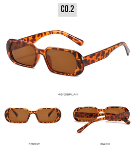 Three-view display of narrow rectangular leopard print sunglasses with brown lenses