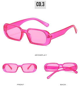 Detailed views of translucent pink rectangular sunglasses with a 45-degree angle and front view