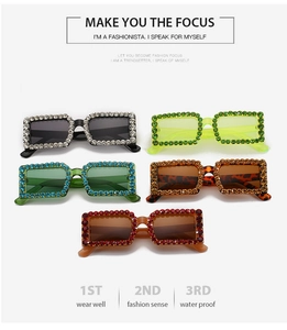 Detailed view of oversized square sunglasses featuring rhinestone-encrusted frames in five colors