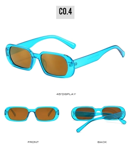 Detailed multi-angle views of retro translucent blue oval sunglasses with brown lenses