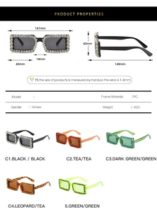 Detailed size chart and multi-color options for square rhinestone sunglasses