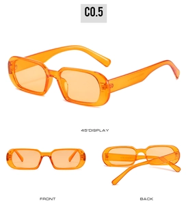 Three-view display of orange jelly translucent rectangular sunglasses with C0.5 color code