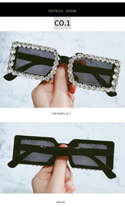 Detail view of square rhinestone sunglasses with dark lenses from multiple angles