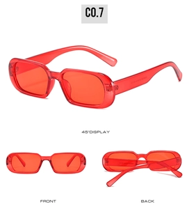 Detailed multi-angle views of jelly red rectangular sunglasses with frame dimensions