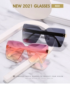 Nahaufnahme der randlosen Oversize-Sonnenbrille mit Metallscharnieren und Nasenpads