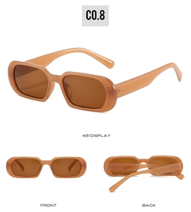 Three-angle view showing front and back of jelly orange rectangle narrow sunglasses