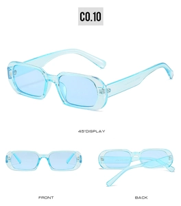 Multiple views of blue jelly rectangle sunglasses featuring a retro slim frame design