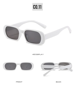Three-view display of white rectangle narrow frame sunglasses with dark lenses