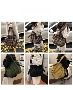 Collage of corduroy hobo bags in solid colors and plaid pattern shown on a model