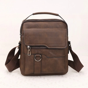 Retro brown PU leather messenger bag with top handle and adjustable strap for men
