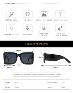 Detailed dimension guide for black square sunglasses showing frame size and UV400 features