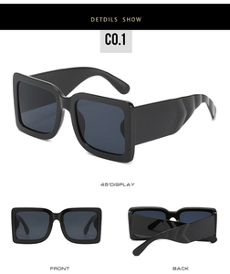 Detailed views of square frame sunglasses featuring wide textured temples and dark lenses