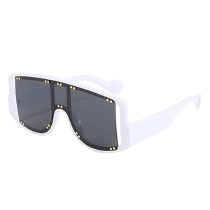 White oversized square sunglasses with dark grey lenses and gold rivet detailing