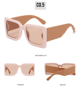 Three views of pink and tan square sunglasses showing front and side display