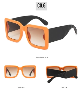 Three-angle view of oversized square sunglasses with orange frame and thick black temples