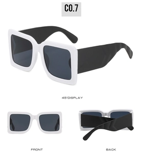Detailed views of white square sunglasses with black temples and grey UV lenses
