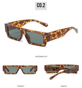 Three-way view of tortoise shell rectangle sunglasses with dark gray lenses