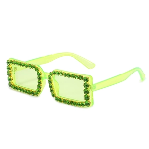 Neon green square sunglasses with sparkling crystals and jelly-colored tinted lenses