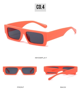 Multiple views of bright orange square sunglasses with dark grey lenses in C0.4 color