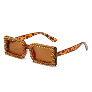 Fashionable leopard print square sunglasses with double-row rhinestones and brown lenses