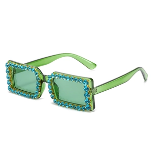Vintage oversized square sunglasses with green translucent frame and blue crystal rhinestones