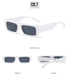 Detailed multi-angle view of vintage white square sunglasses with dark lenses