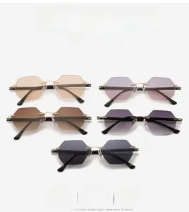 Detail view showing five gradient colors of rimless hexagonal sunglasses with gold metal frames