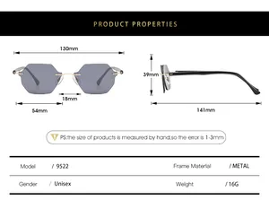 Detailed size chart for rimless hexagonal metal sunglasses with clear dimensions