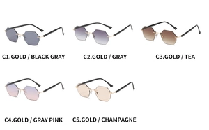 Flat lay of rimless hexagonal sunglasses in five colors with gold metal temples