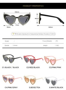 Detailed size chart for heart-shaped rhinestone sunglasses with frame dimensions in mm