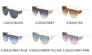 Detail view of large frame flat top sunglasses in six trendy color gradient lens options