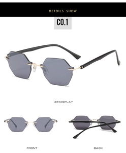 Detailed multi-angle views of rimless hexagonal sunglasses with grey lenses and gold bridge