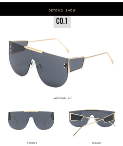 Detailed multi-angle views of oversized shield sunglasses with gold hollowed temples