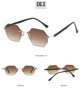 Three perspectives of frameless hexagonal gradient brown sunglasses with gold bridge
