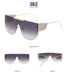 Three views of purple gradient shield sunglasses with gold metal frame and side lens