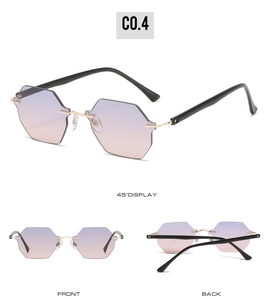 Multi-angle view of rimless hexagonal sunglasses with gradient purple lenses and gold bridge