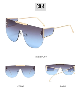 Three-way view of blue gradient oversized sunglasses with gold geometric frames