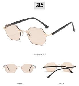 Detailed multi-angle view of rimless hexagonal sunglasses with gold metal bridge and black temples