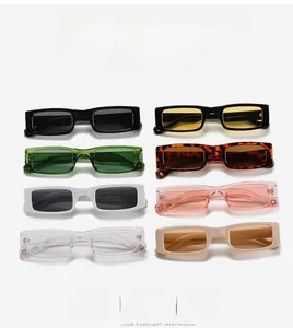 Vertical array of narrow rectangular sunglasses in eight colors like tortoiseshell and pink