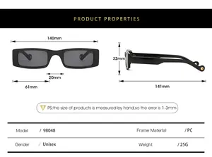 Detailed size chart for square sunglasses showing lens, frame, and temple measurements