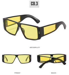 Trois vues de lunettes de soleil noires avec verres jaunes et détails de rivets stylés