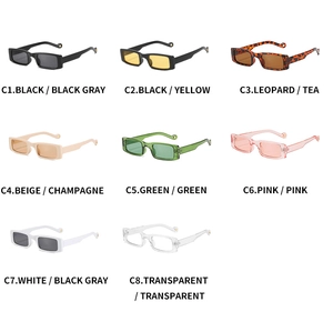 Multiple colors of retro rectangular sunglasses displayed in a clean grid layout
