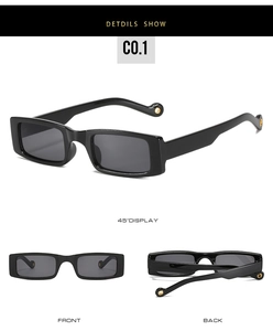 Detail shots of black square sunglasses showing 45-degree, front, and back views
