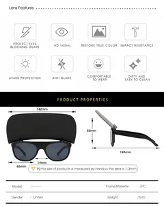 Detailed size chart for flip-up sunglasses with PC frame measurements and UV400 features