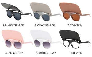 Collage of six creative flip-up sun visor sunglasses in various multi-color frames