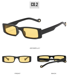 Detailed multi-angle views of vintage narrow square sunglasses with black frame and yellow lenses