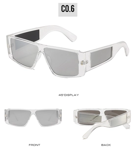 Détail de lunettes de soleil rétro à petit cadre transparent et verres gris chic